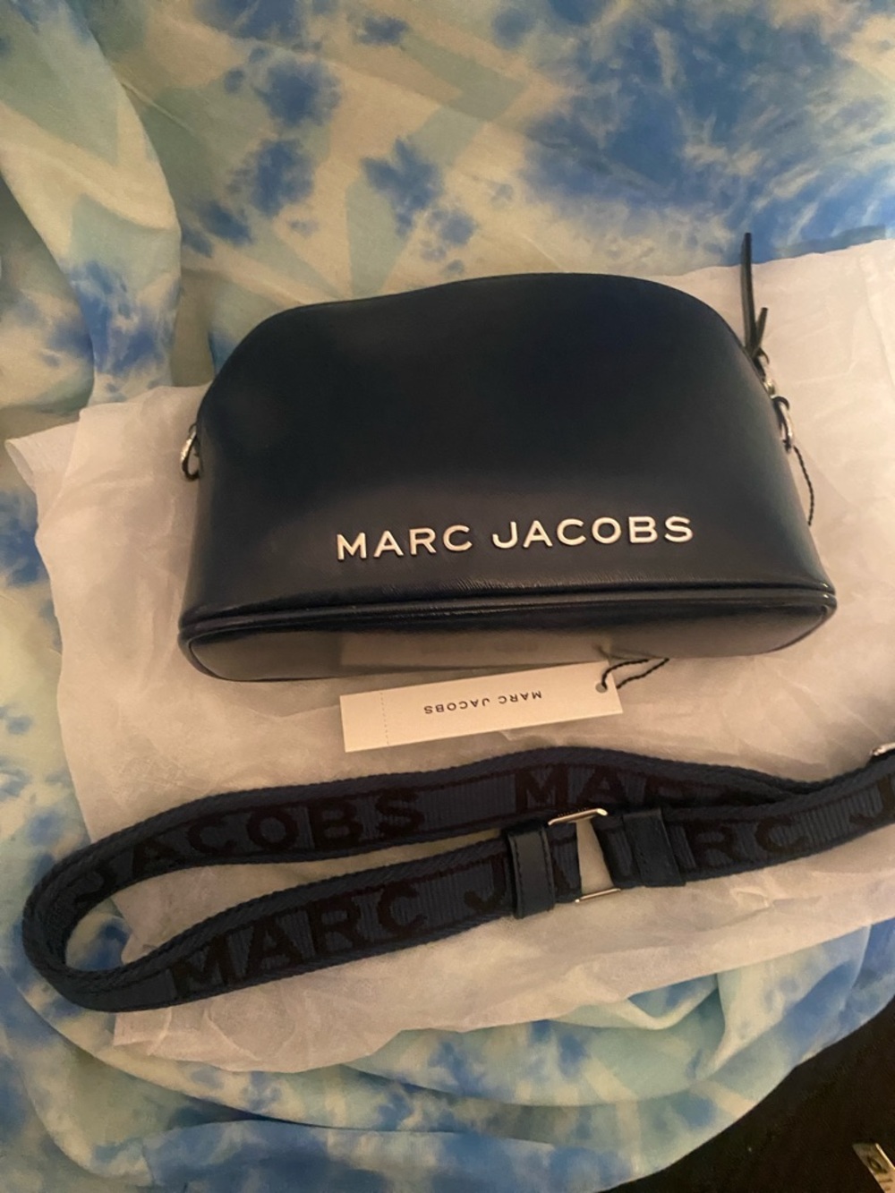 Marc Jacobs Navy Blue Leather Crossbody Bag with Branded Strap